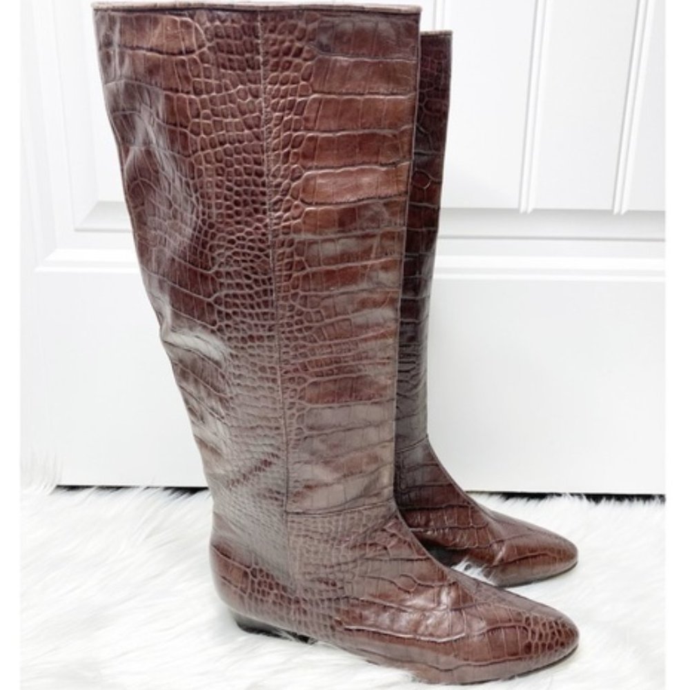 BCBGirls Brown Leather Croc Embossed Tall Pull On Low Wedge Boots 7.5